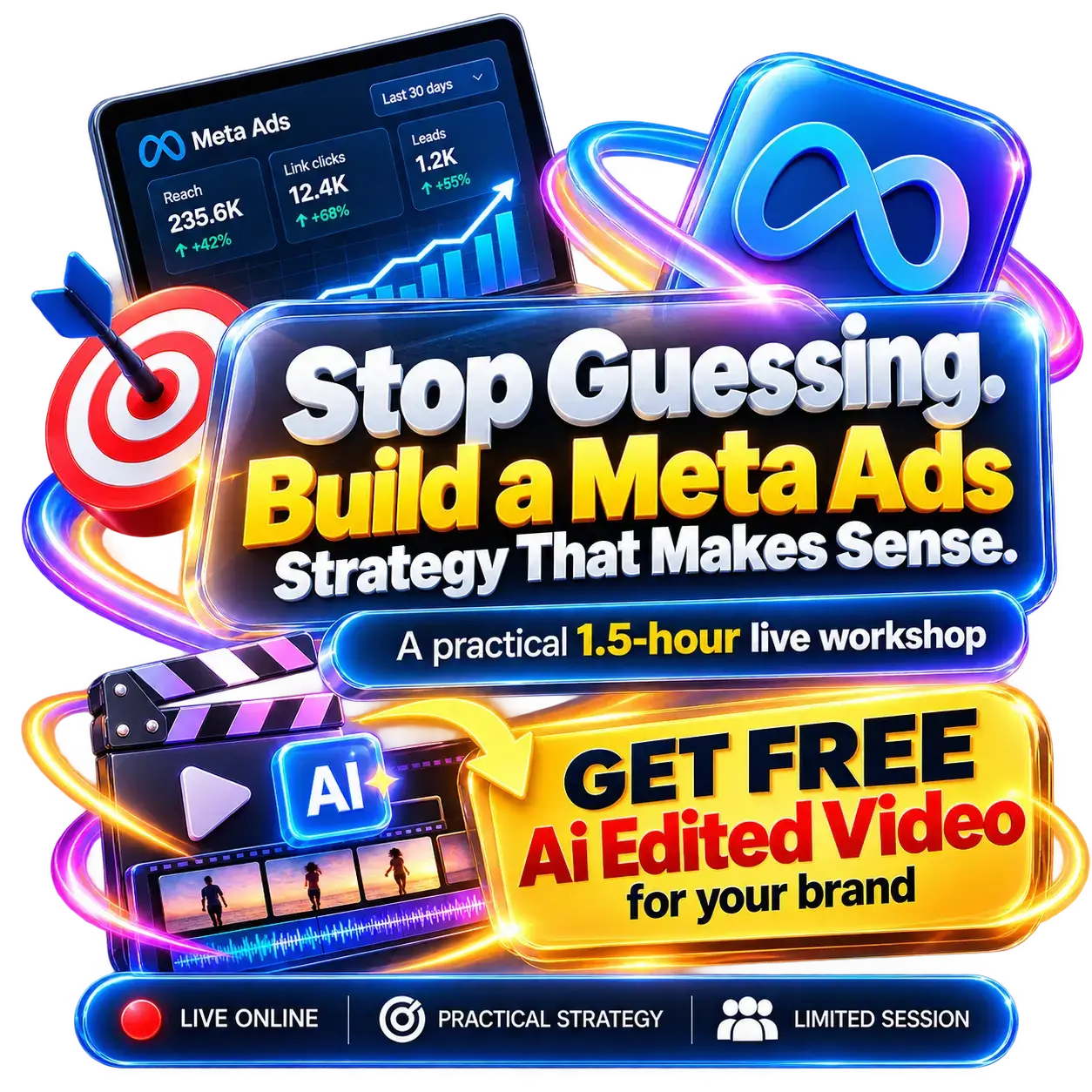 Stop guessing. Build a Meta Ads strategy that makes sense. A practical 1.5-hour live workshop, live online, practical strategy, limited session, with a free edited video for your brand